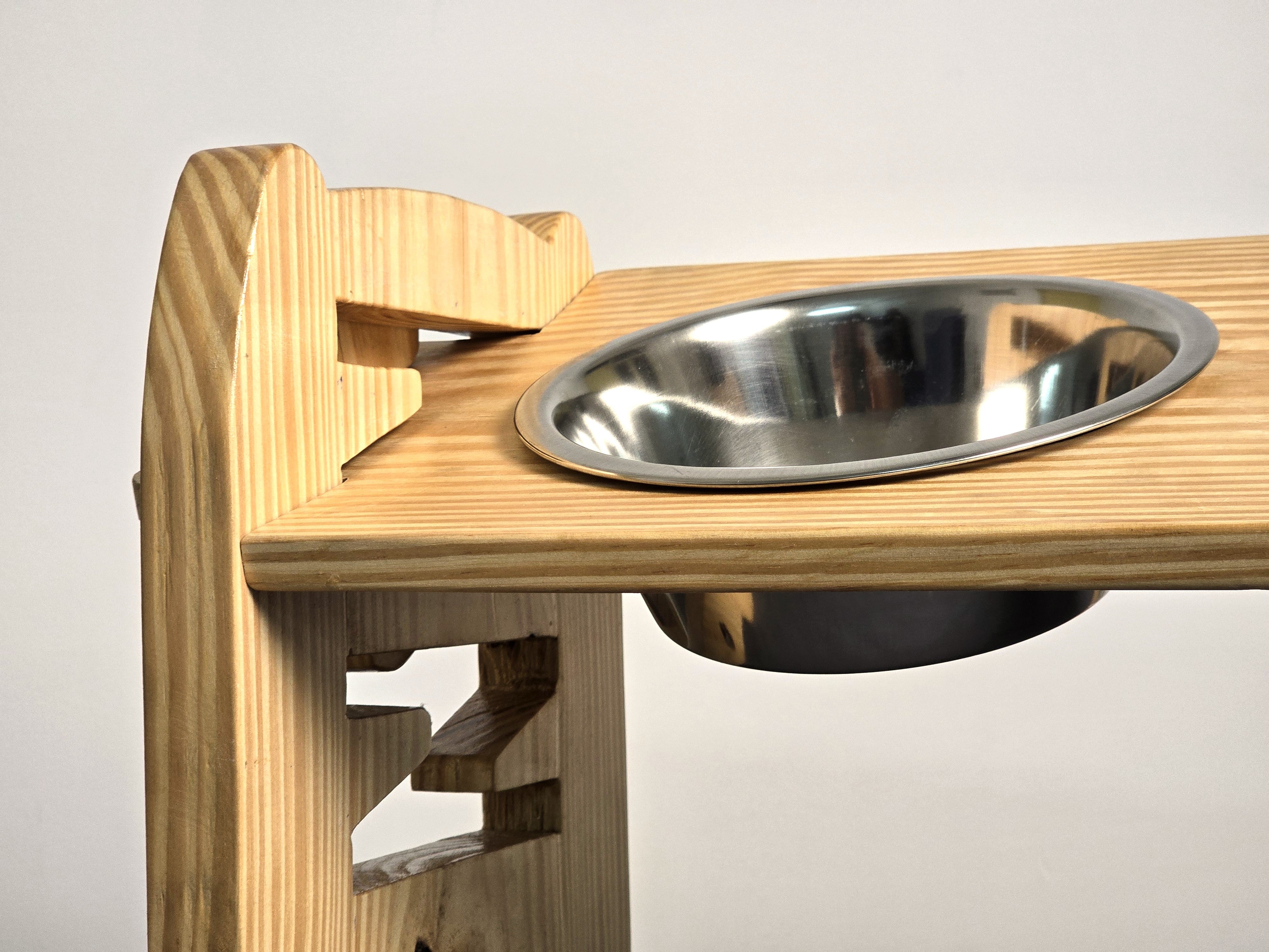 Handcrafted wooden dog feeder stand with stainless steel bowls
