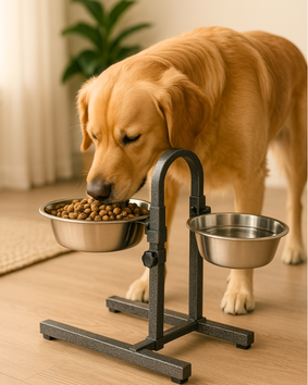 Feeding a dog with elevated stainless steel bowls for healthier posture and comfort at home | Dog-friendly pet shop India