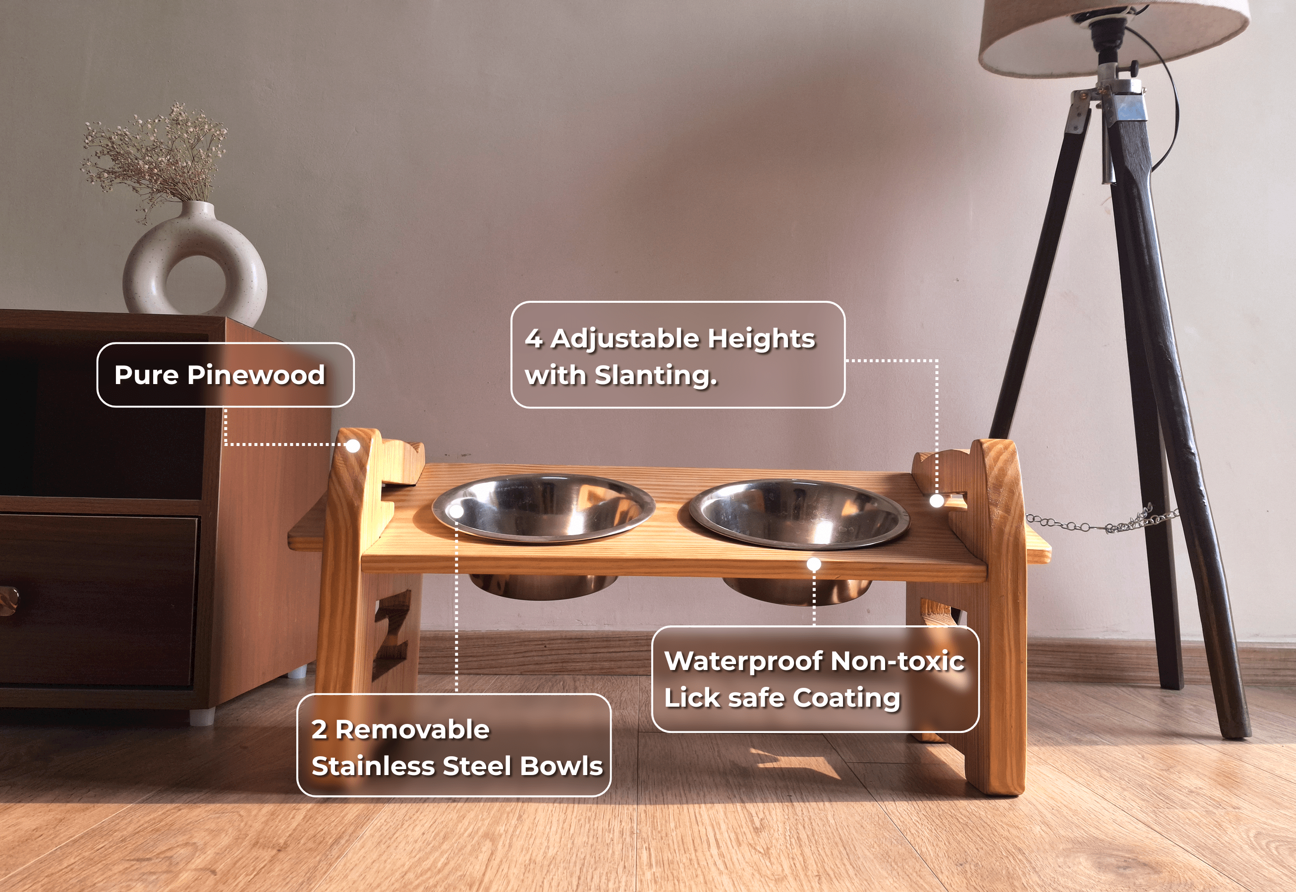 Handcrafted pinewood adjustable pet dining stand for small breeds, dual stainless steel bowls, and non-slip base for healthy posture | Pet bowls India