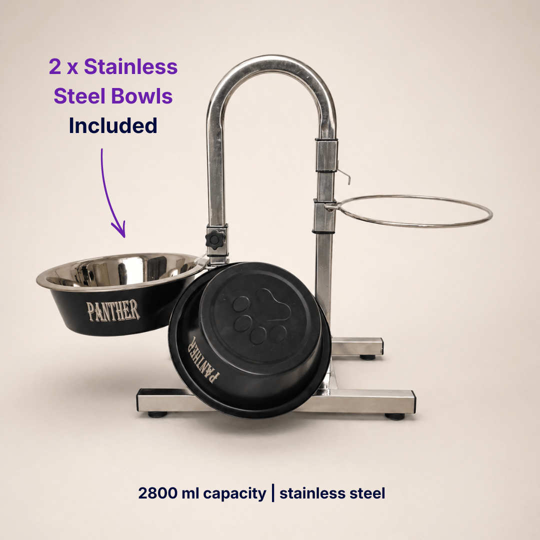 Adjustable elevated dog food stand with two stainless steel bowls designed for comfortable feeding, large meal capacity, and durable everyday use.