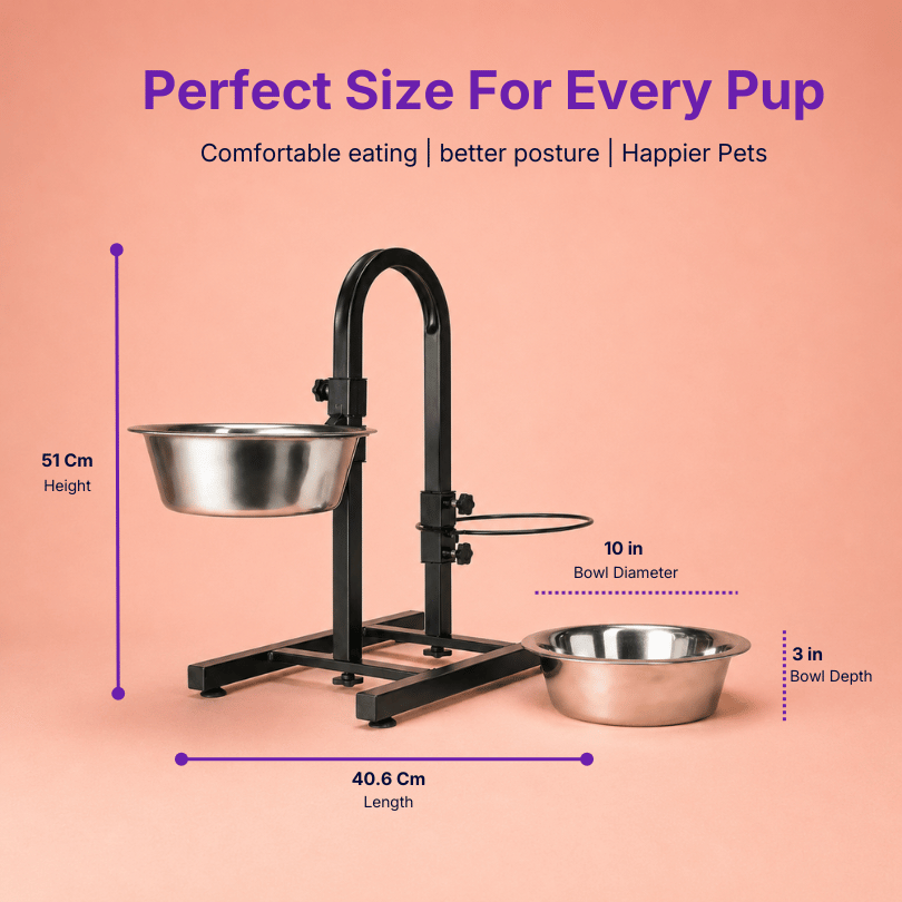 Black adjustable elevated dog food stand with stainless steel bowls and size dimensions designed for comfortable feeding, better posture, and happier pets.