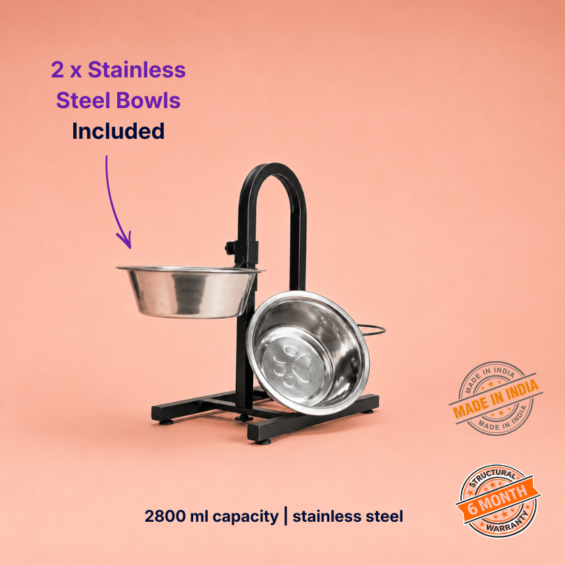 Black adjustable elevated dog food stand with two stainless steel bowls designed for comfortable feeding, large meal capacity, and durable everyday use.