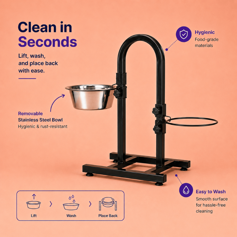 Black adjustable dog food stand with removable stainless steel bowls designed for hygienic feeding, easy cleaning, and durable everyday use.