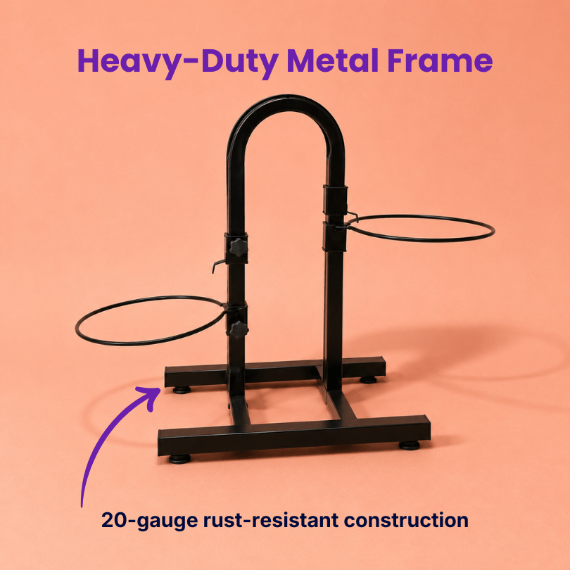 Black heavy-duty adjustable dog food stand with rust-resistant metal frame designed for stable feeding and long-lasting durability for dogs.