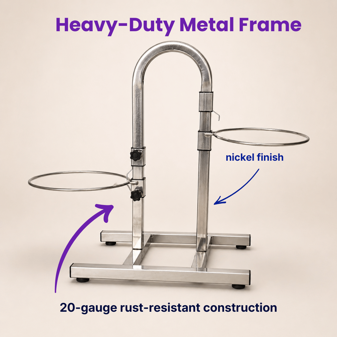 Heavy-duty adjustable dog food stand with rust-resistant metal frame and nickel finish designed for stable daily feeding and long-lasting durability.