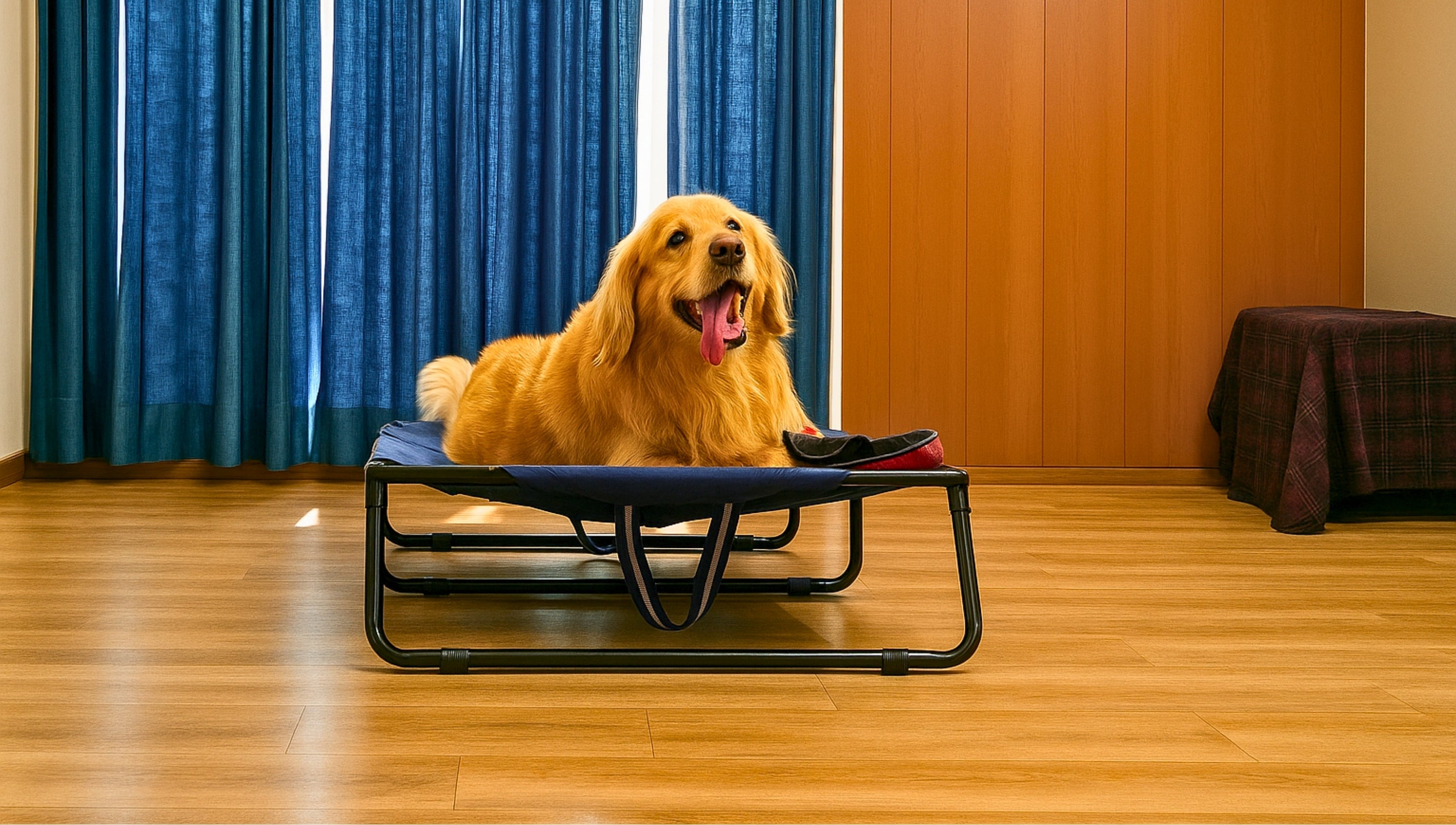 Golden Retreiver sitting on a foldable, elevated metal-frame bed made with scratch and bite-resistant, dog-friendly fabric for hygienic, travel-friendly, and comfortable rest | Shop pet essentials India
