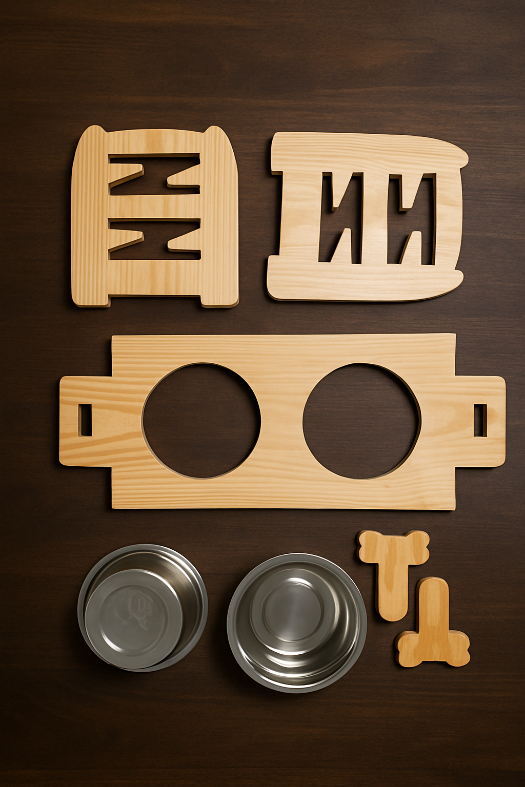 Handcrafted wooden dog feeder stand with stainless steel bowls