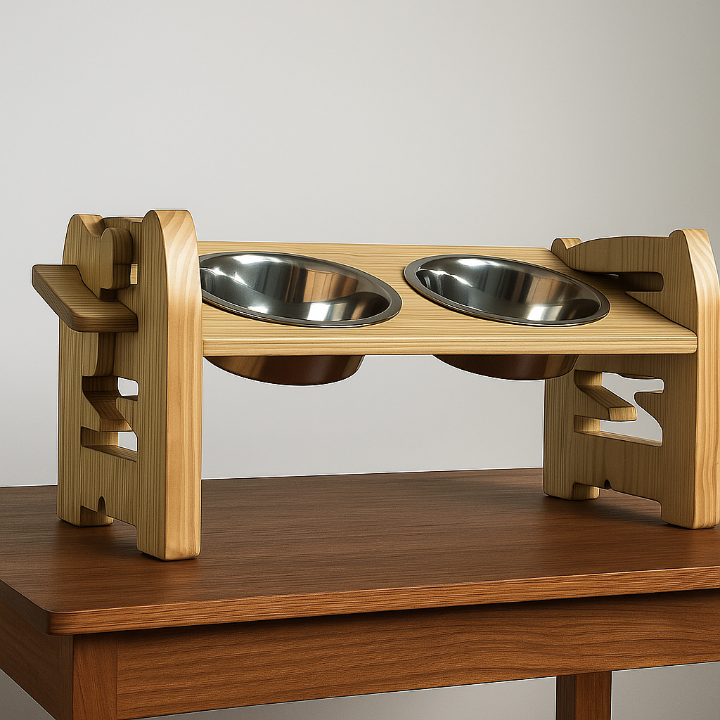 Handcrafted wooden dog feeder stand with stainless steel bowls