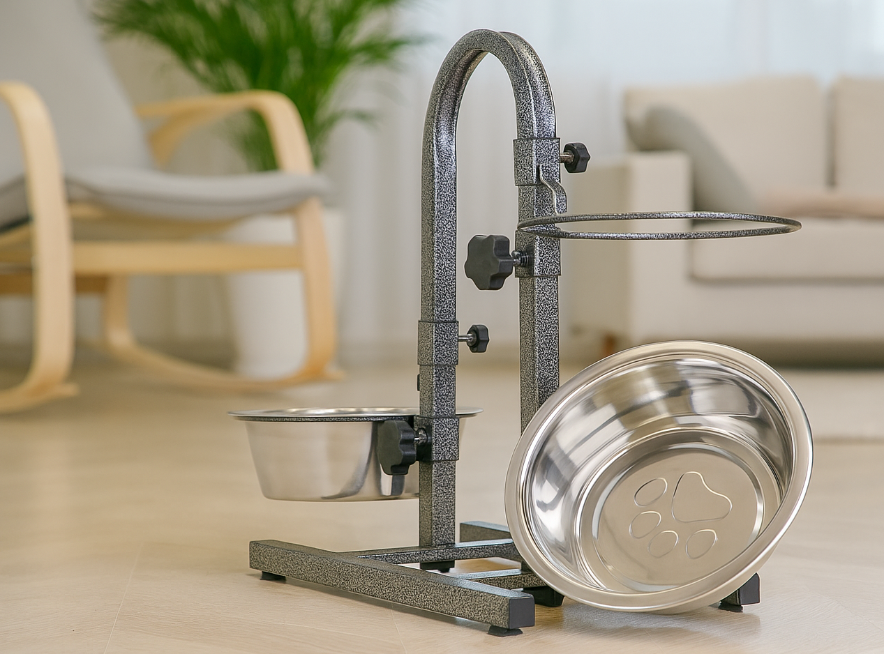 U-shaped dog bowl stand with dual stainless-steel bowls for medium to large breeds like German Shepards, healthy posture feeding | Pet shop dog bowls