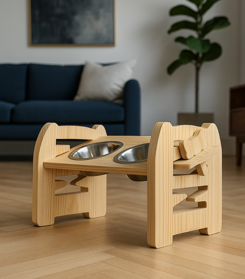 Adjustable pinewood pet dining stand with stainless steel bowls, sturdy design, and non-slip base for healthy feeding posture | Shop pet essentials India
