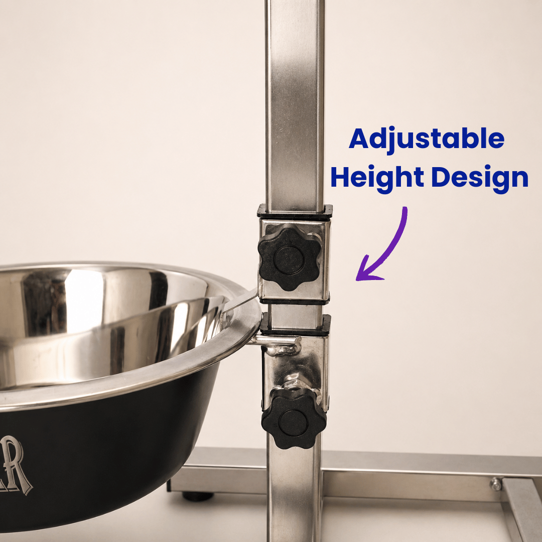 Close-up of an adjustable elevated dog food stand with stainless steel bowl and height adjustment knobs designed for comfortable feeding and growing dogs.