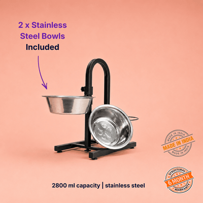 Black adjustable elevated dog food stand with two stainless steel bowls designed for comfortable feeding, large meal capacity, and durable everyday use.