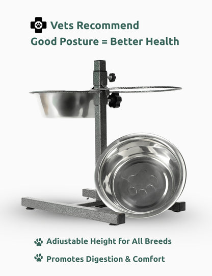 H-shaped elevated diner with stainless steel dog bowls in arctic silver, designed for healthy feeding posture | Pet essentials India 