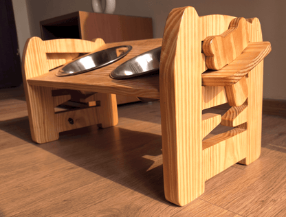 Handcrafted pinewood adjustable pet dining stand for small breeds, dual stainless steel bowls, and non-slip base for healthy posture | Pet bowls India