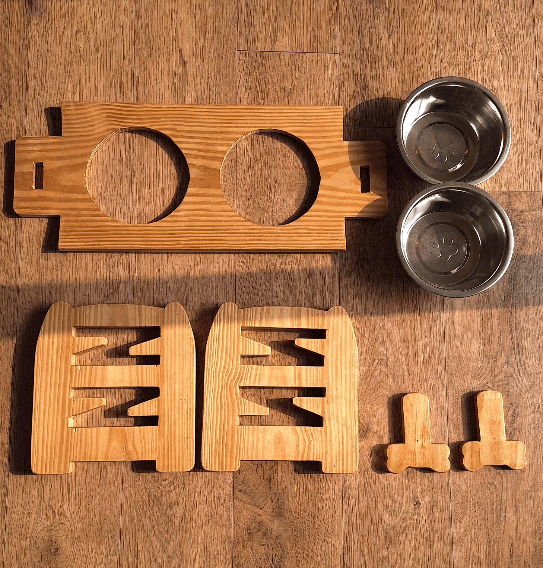 Handcrafted pinewood adjustable pet dining stand for small breeds, dual stainless steel bowls, and non-slip base for healthy posture | Pet bowls India