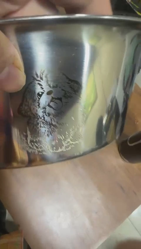 Load video: Video showing personalized stainless steel dog bowl being engraved with a pet’s name and photo using laser technology | Premium pet gear India #color_arctic_silver